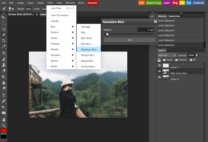 Nhấn Filter trên thanh menu → chọn Blur → Gaussian Blur → Tuỳ chỉnh độ mờ mong muốn bằng thông số Radius Nhấn Filter trên thanh menu → chọn Blur → Gaussian Blur → Tuỳ chỉnh độ mờ mong muốn bằng thông số Radius