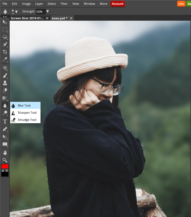 Sử dụng công cụ Blur tool để hoàn thiện vùng đường viền xung quanh cô gái Sử dụng công cụ Blur tool để hoàn thiện vùng đường viền xung quanh cô gái